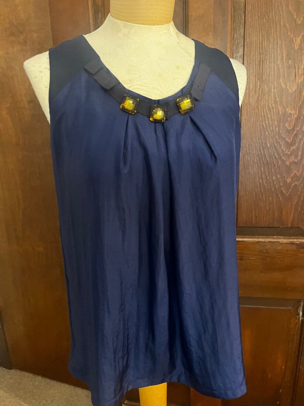 Vince Silk Sleeveless Navy Jeweled Embellished Blouse, Size Small